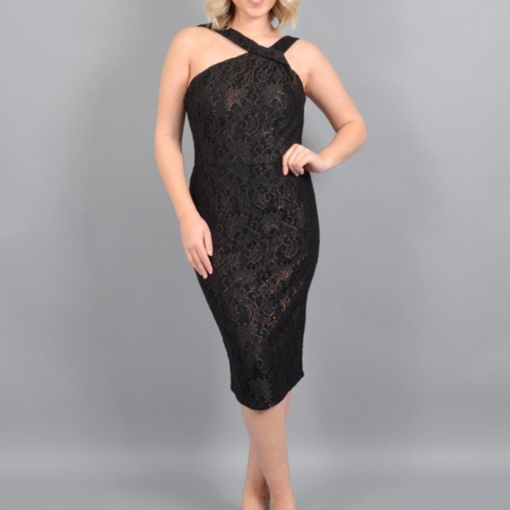 Ignite Evenings Metallic Lace Halter Dress